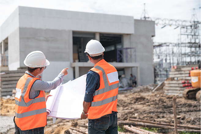 reviewing blueprints on a construction site